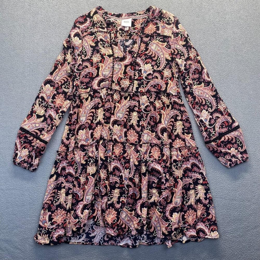 Knox Rose Womens A Line Dress Multicolor Mini Paisley Notch Neck Long Sleeve S